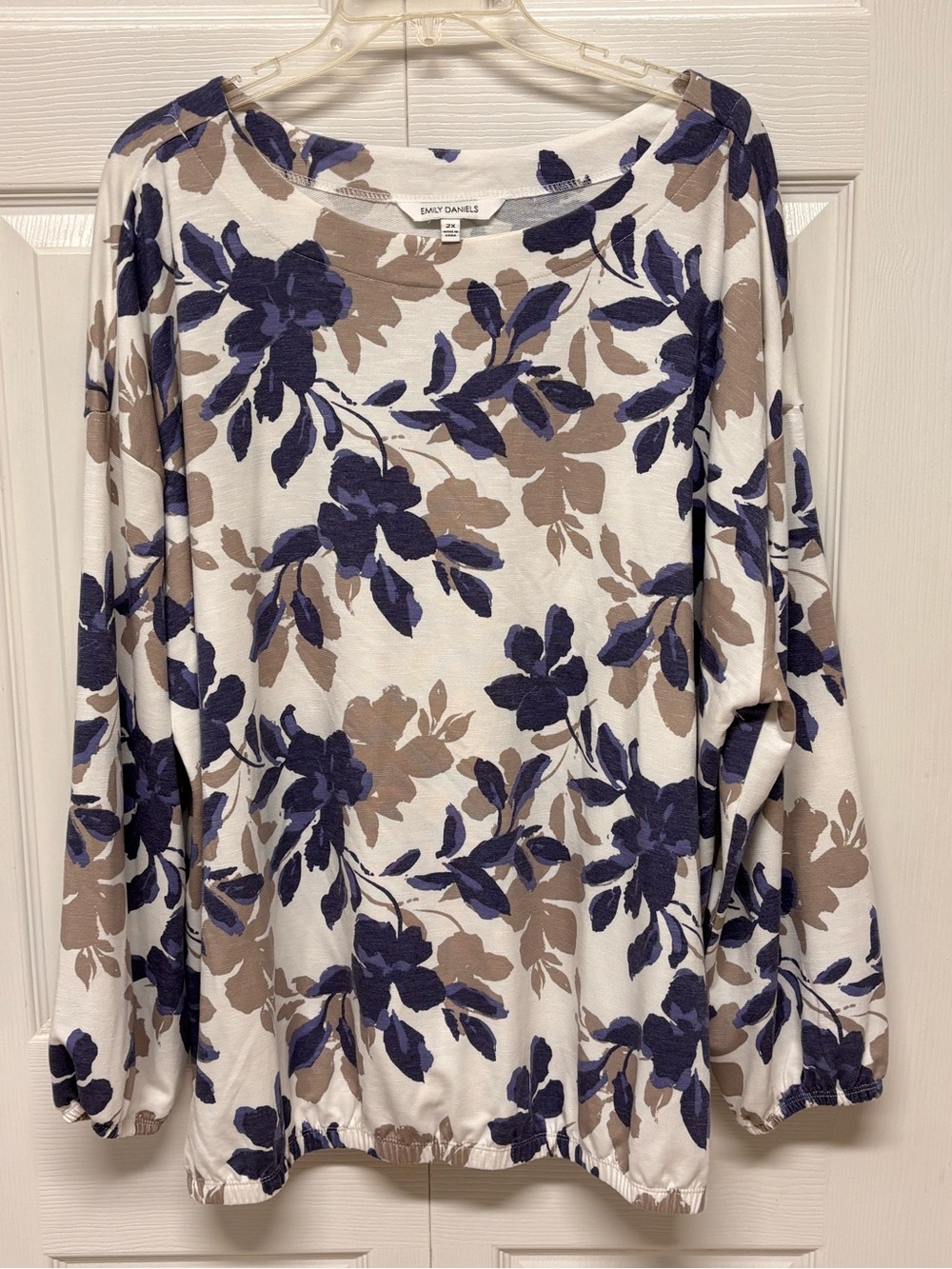 Emily Daniels White Long-Sleeve Floral Top with Navy & Taupe Print